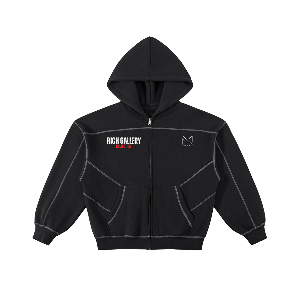 "RICH GALLERY COLLECTION" By Map House Contrast-Stitched Boxy Fleece Zip Hoodie